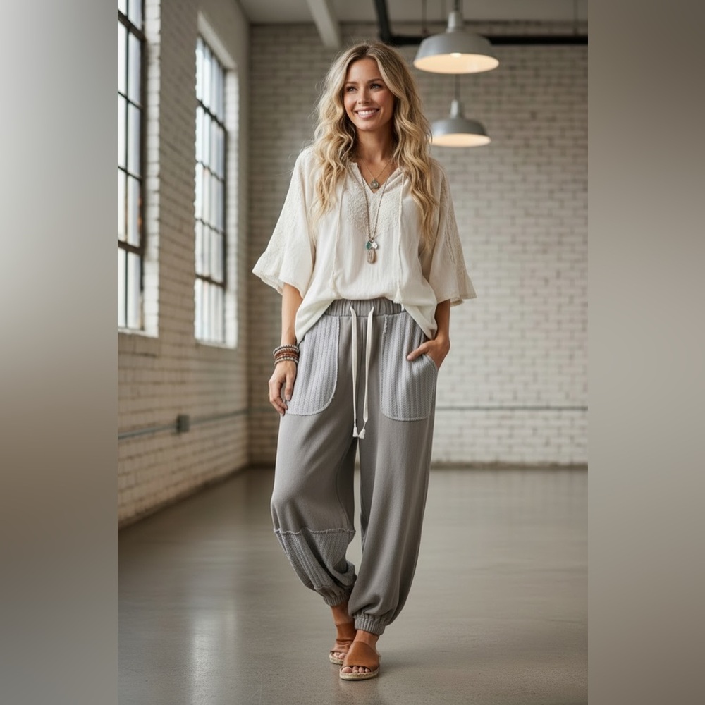 NWT POL Boho Crochet Doily Patchwork Jogger Sweats Sweat Pants Joggers Grey - Picture 9 of 13